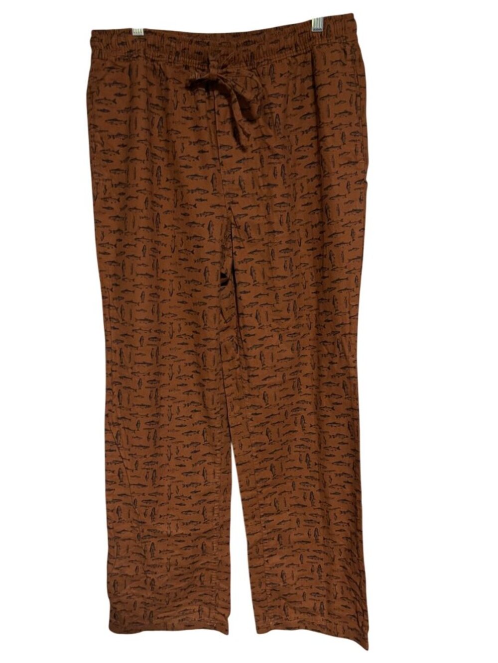 Eddie Bauer Fish Print Pajama Pants Mens M Cotton Brown Elastic Waist Drawstring
